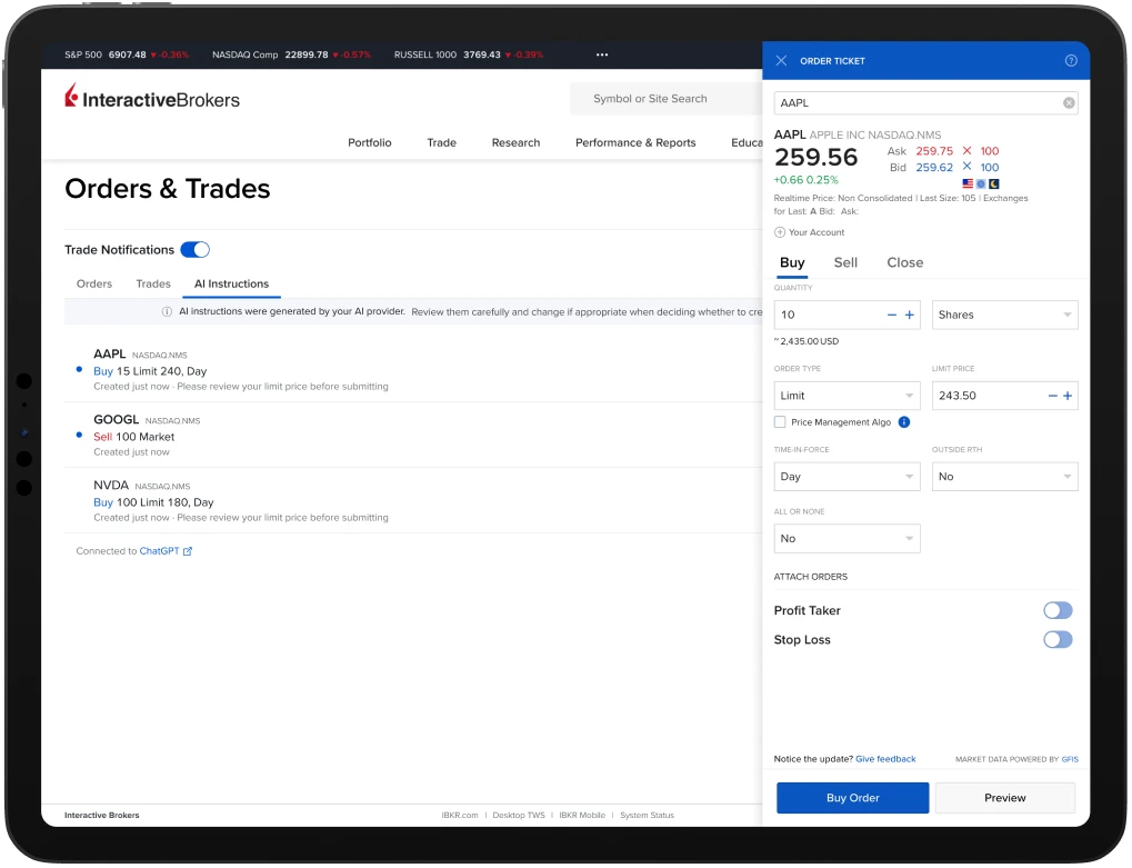 Exemplo de integração de IA da IBKR no Portal do cliente