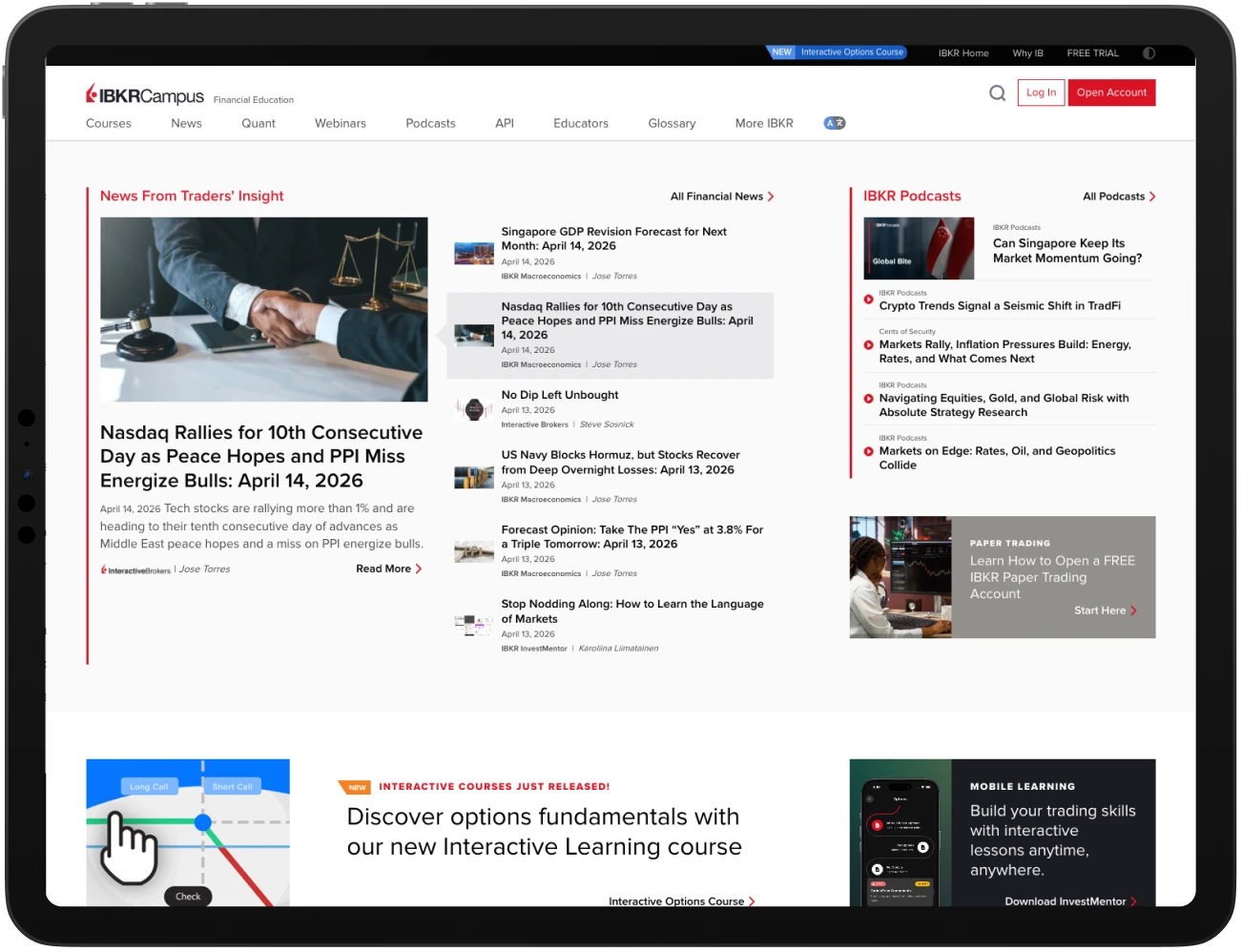 iPad que muestra IBKR Campus con formación sobre IA